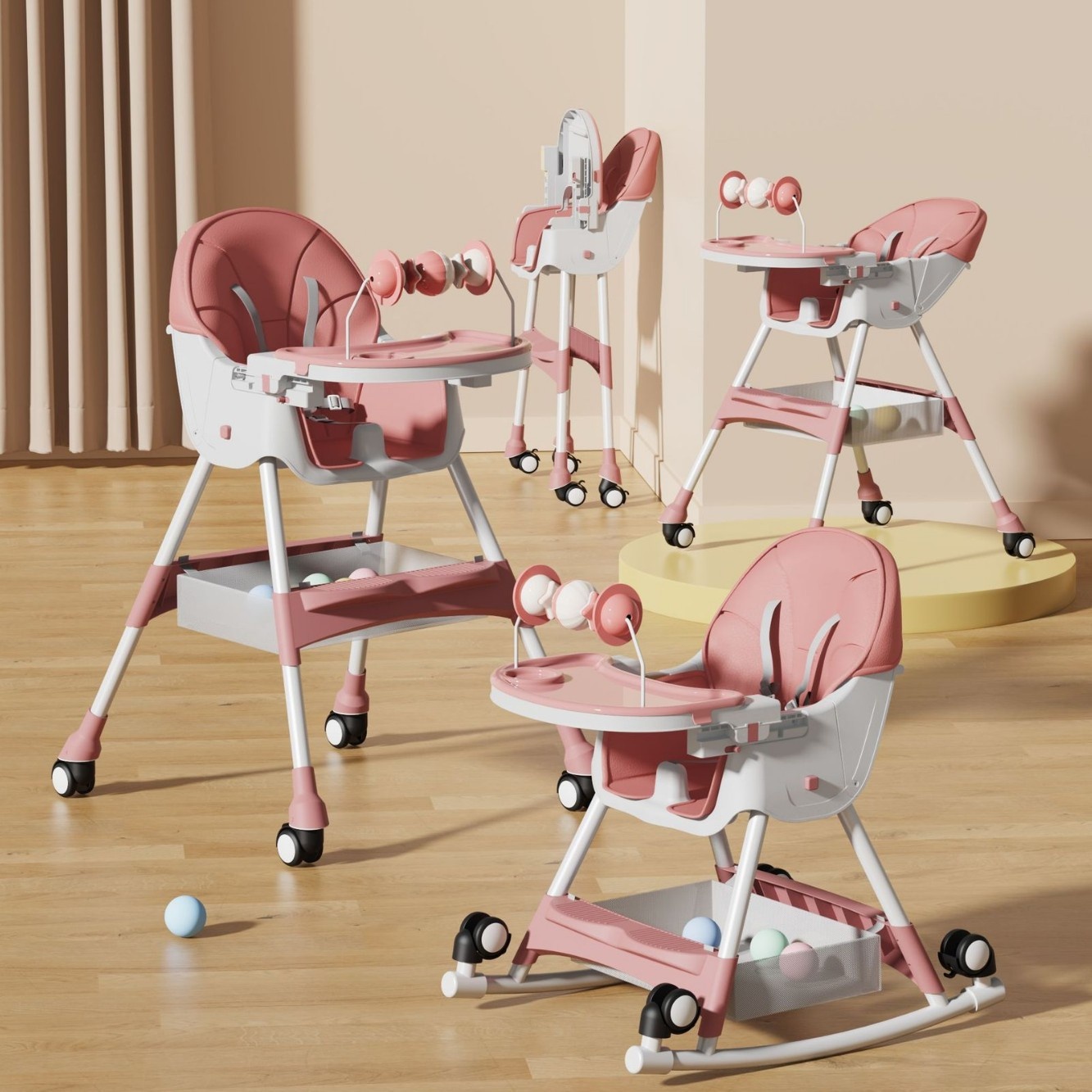 4-in-1 Baby High Chair with Rocking Horse Function Easy Storage Safe Harness Waterproof Cushion Detachable Toy Bar Silent Wheels