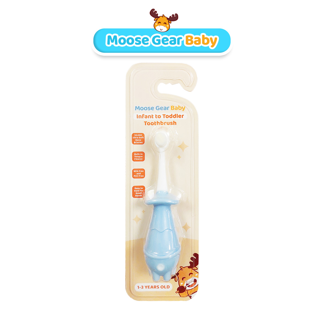 Moose Gear Baby Toothbrush with Tongue Cleaner Ultra Soft Bristles Self Standing Pink & Blue