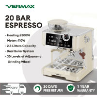VERMAX Barista Express Espresso Machine with Grinder Single Boiler 20Bar Coffee Maker Semi Automatic with Milk Frother Steam Wand for Cappuccino Latte 1.5L Tank High-Pressure Stable PID Control