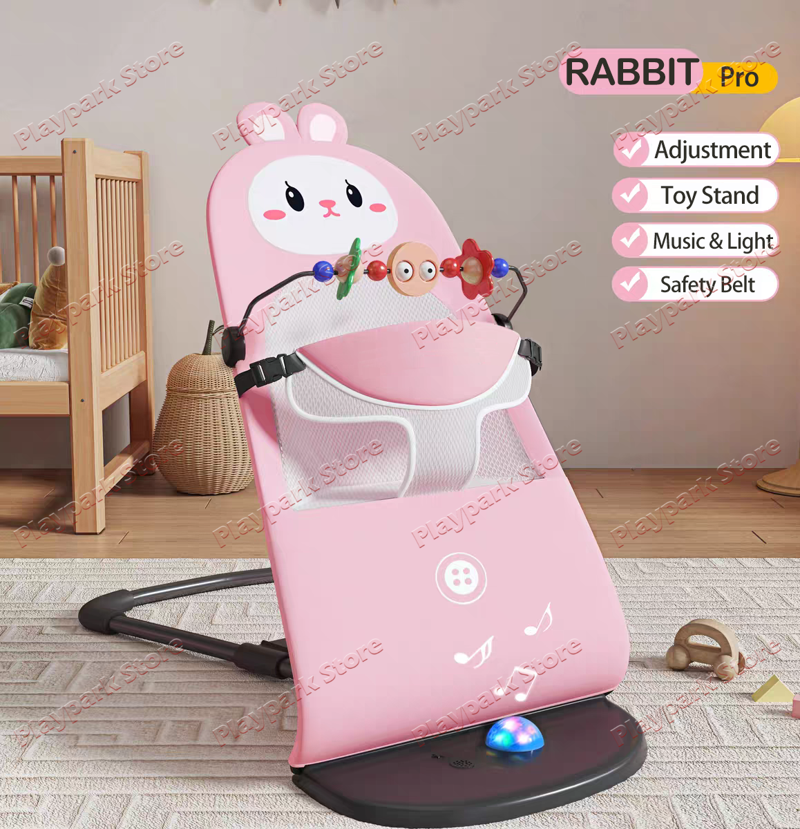 Playpark Rocking Chair for Baby Pro Upgraded Style Foldable Bouncer for Newborn with Music & lighting & Toy