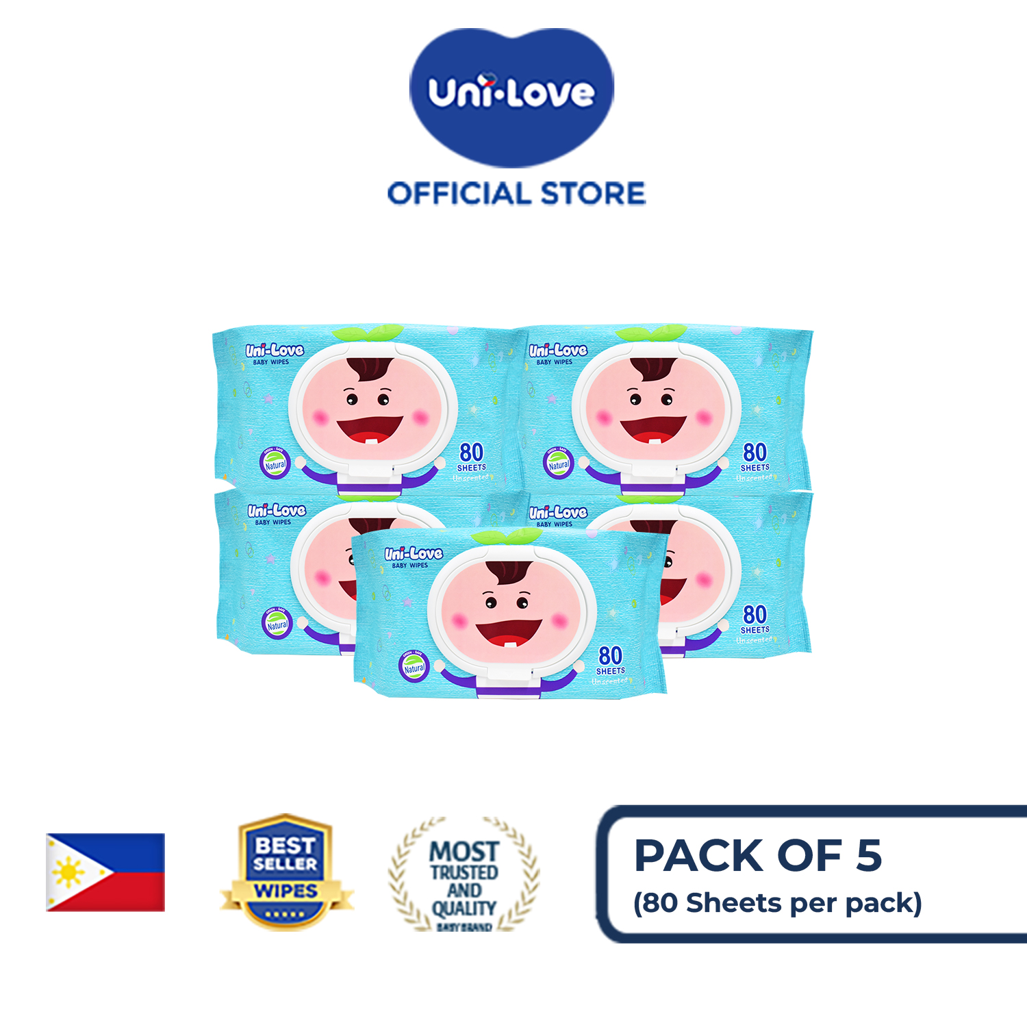 UniLove Unscented Baby Wipes 80s Pack of 5