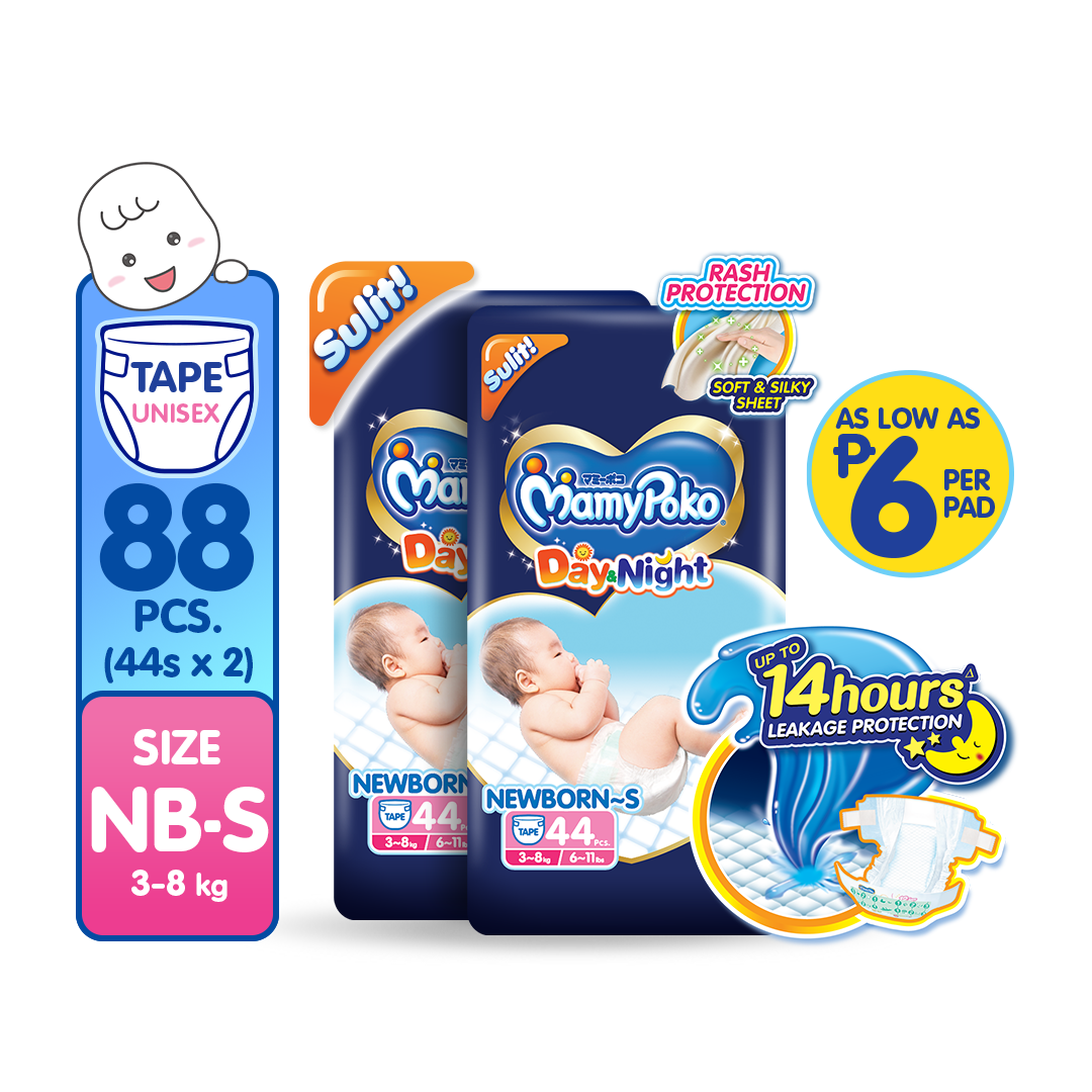 [DUO PACK] MAMYPOKO Day & Night Baby Disposable Tape Diaper Unisex Newborn - Small