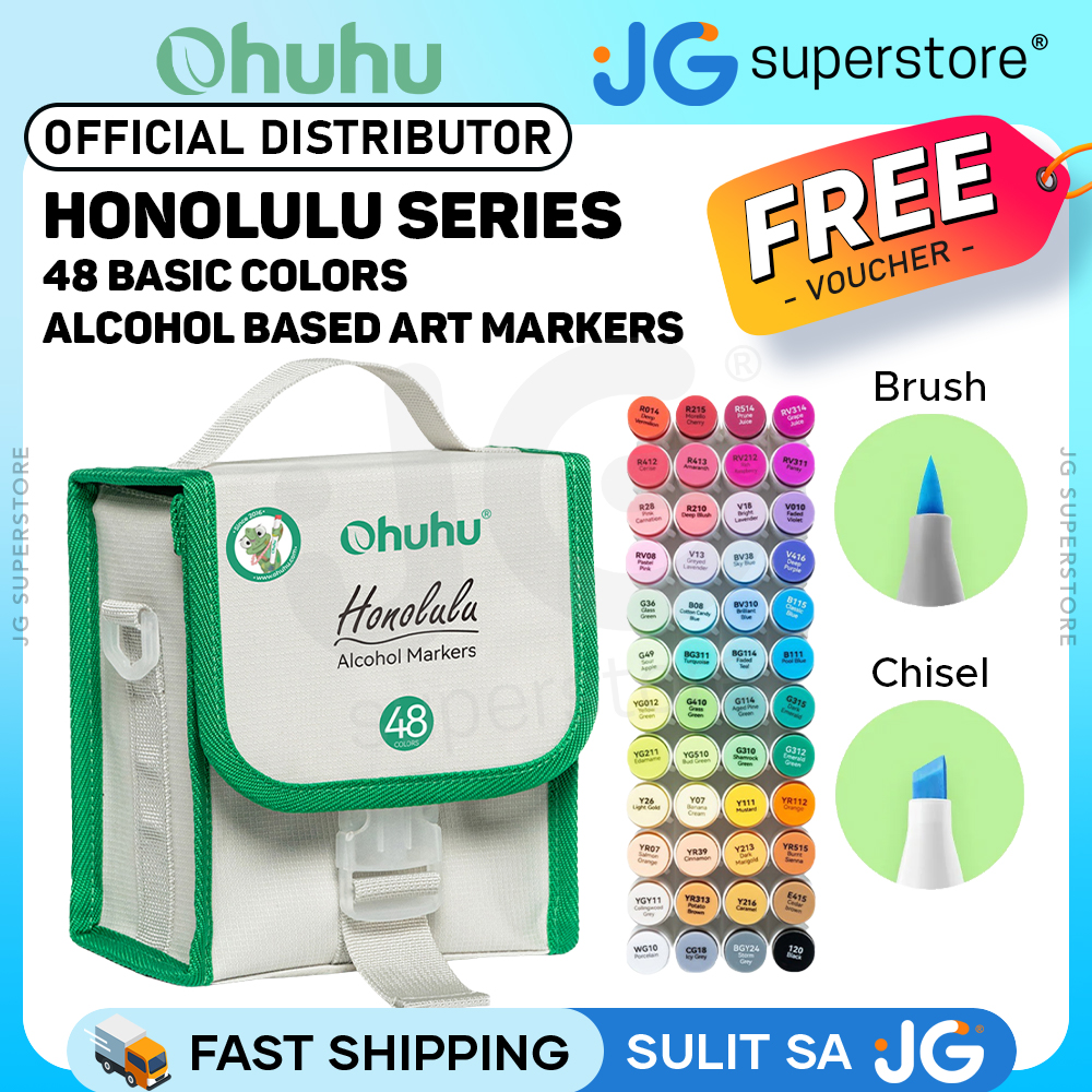 Ohuhu Honolulu Series Alcohol Based 48 + 1 Basic Colors with Colorless Blender Dual Tip Brush and Chisel Art Marker Colored Pens for Stationary Drawing Arts & Crafts | Y30-80404-24 | JG Superstore