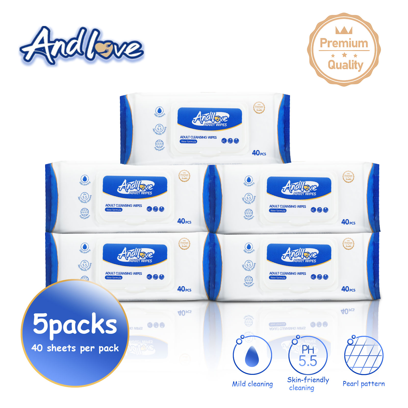 ANDLOVE Adult Wipes 5 Packsx 40Sheets Non-Alcohol Unscented Adult Wipes