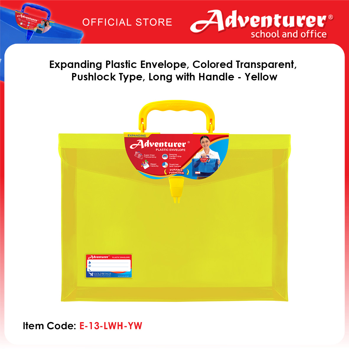 Adventurer Expanding Plastic Envelope Colored Transparent Pushlock Type Long with Handle
