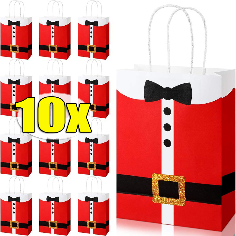 10Pcs Christmas Santa Clause Kraft Paper Bag with Handle Santa Clause Suit Print Tote Bag New Year Party Candy Gift Packaging Bags Durable Kraft Paper Present Wrapping Bags for Xmas Party Supplies