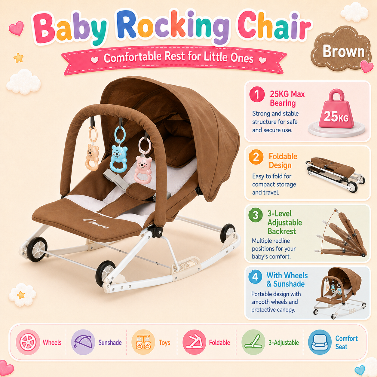 PlayPark Baby Bouncer Newborn Baby Rocker Foldable Baby Rocking Chair Soft Infant Bouncing Chair High Quality Fabric