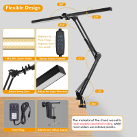 NUVOX LED Folding Desk Lamp Metal Swing Long Arm Lamp Eye-Caring Dimmable Table Lamp ledFlexible Arm Table Lamp led 3 Color Modes 10 Brightness Dimming Reading Light with USB PortMemory FunctionCilp
