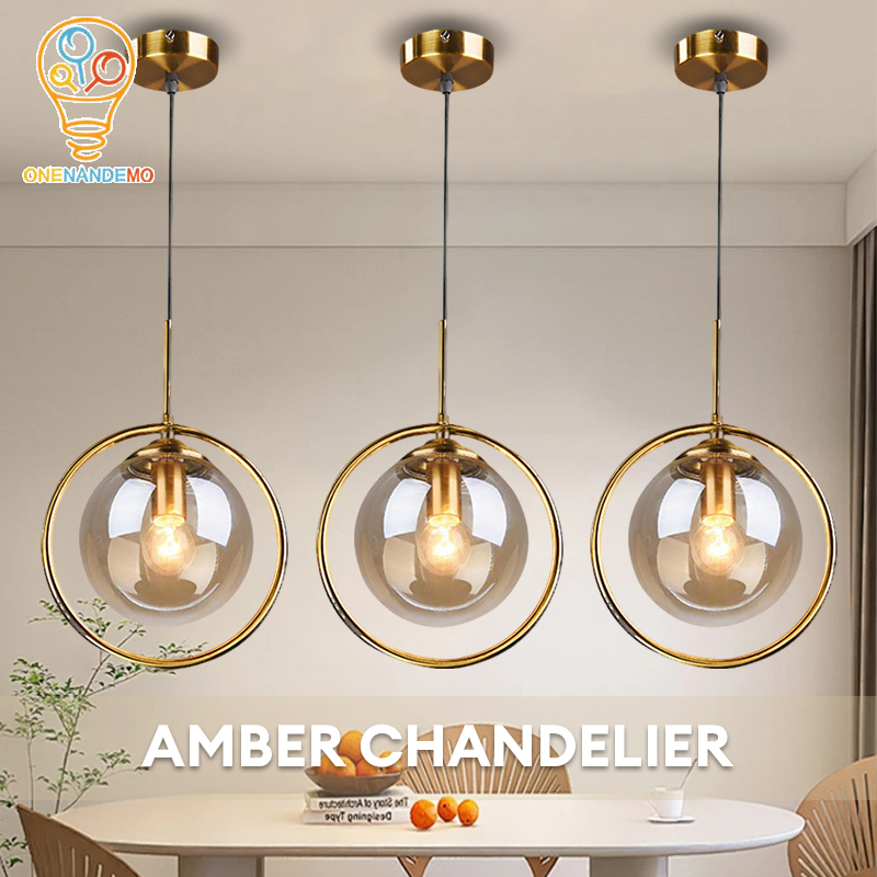 Pendant Light Amber Glass Ball Modern Chandelier Globe Brushed Gold Hanging Lamps Suspension Drop Light For Kitchen Island Dining Room Bedroom Balcony Restaurant Cafe Bar Corridor Aisle Decorative