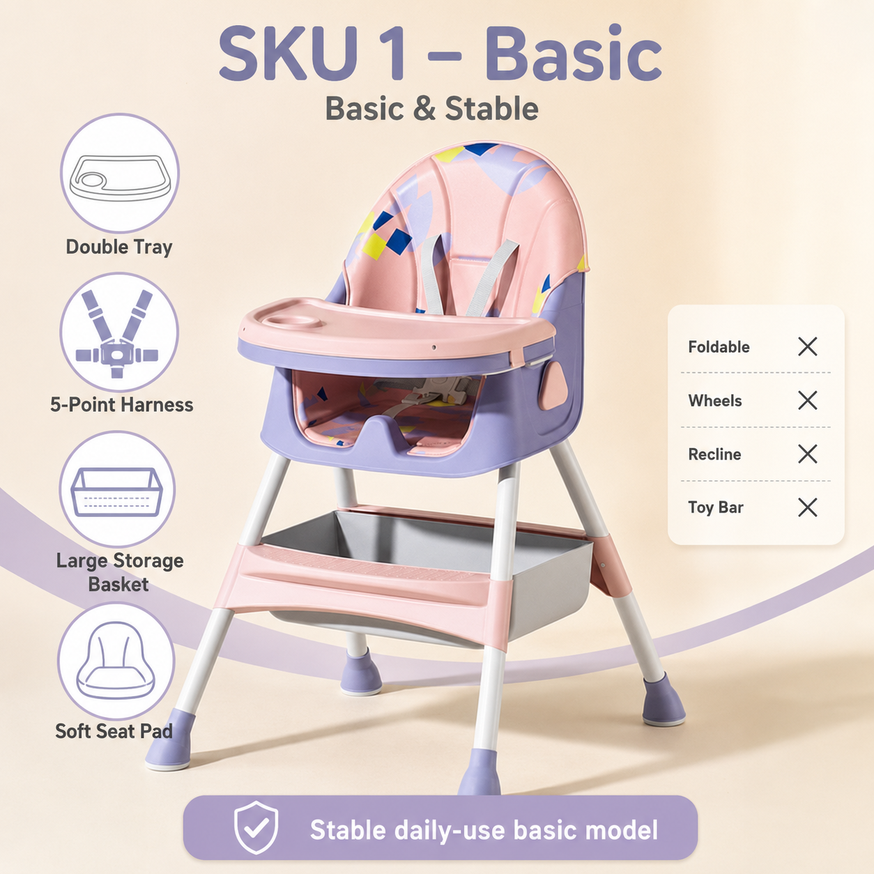 3 in 1 Adjustable Baby High Chair with Tray - Foldable Feeding Chair Wheels & Plate for Toddlers 6-36 Months