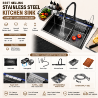 【Refuse to be hot-24H delivery】Digital Display Waterfall Kitchen Sink Stainless Steel Sink Bowl Wash BasinHome Sink lababo stainless complete set kitchen sink complete set