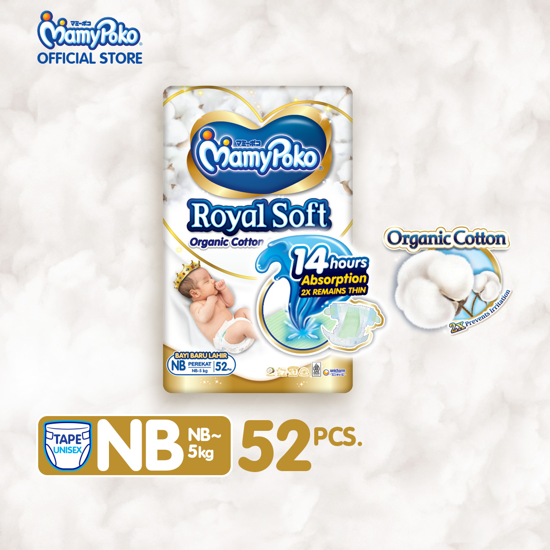 MAMYPOKO Royal Soft Organic Cotton Baby Disposable Diaper Tape Newborn 52 pcs