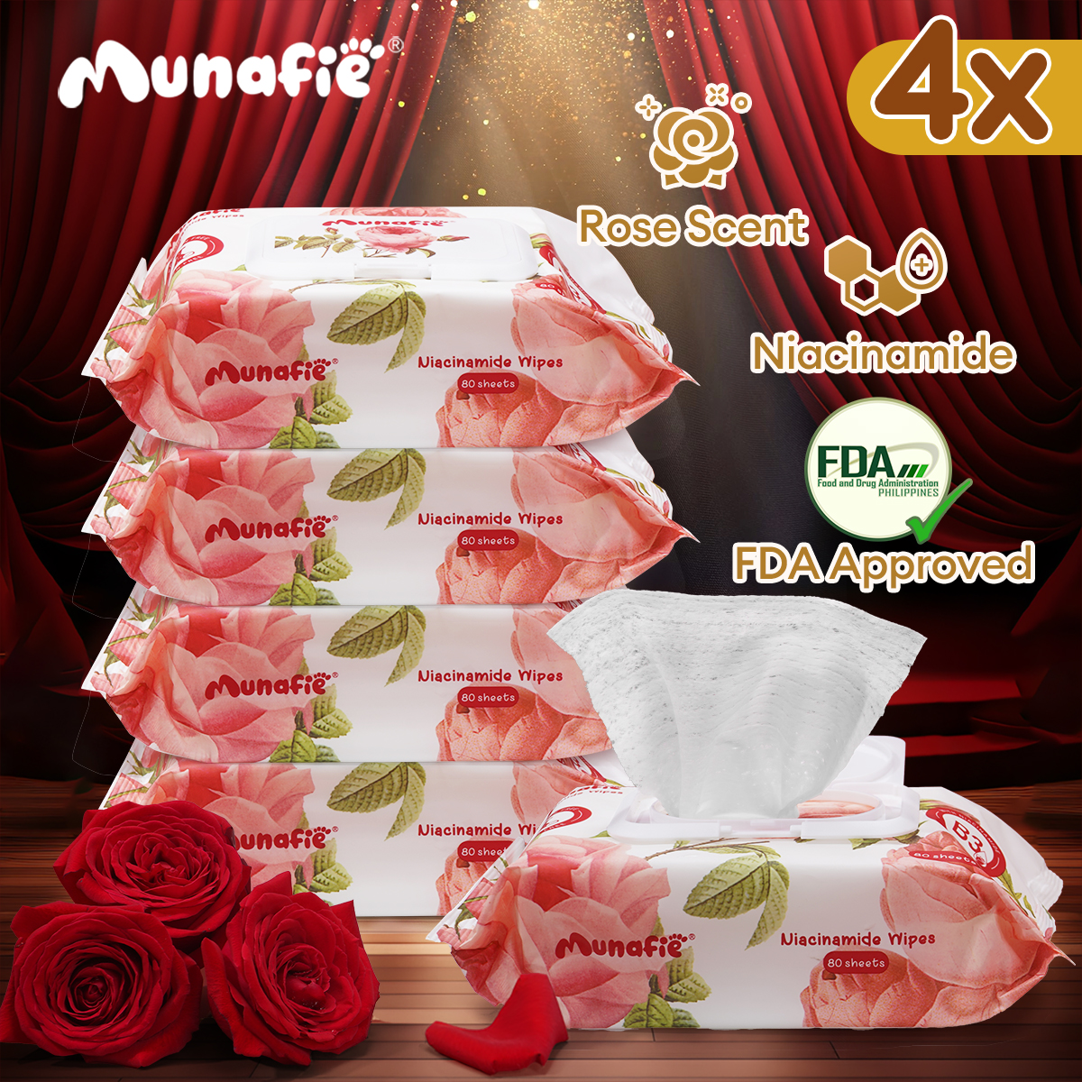 Munafie Niacinamide Wipes FDA Approved Rose Scented 80 Sheets Per Pack x 4 Packs – Enriched with Niacinamide Aloe Vera and Centella Asiatica for Gentle Cleansing and Hydration