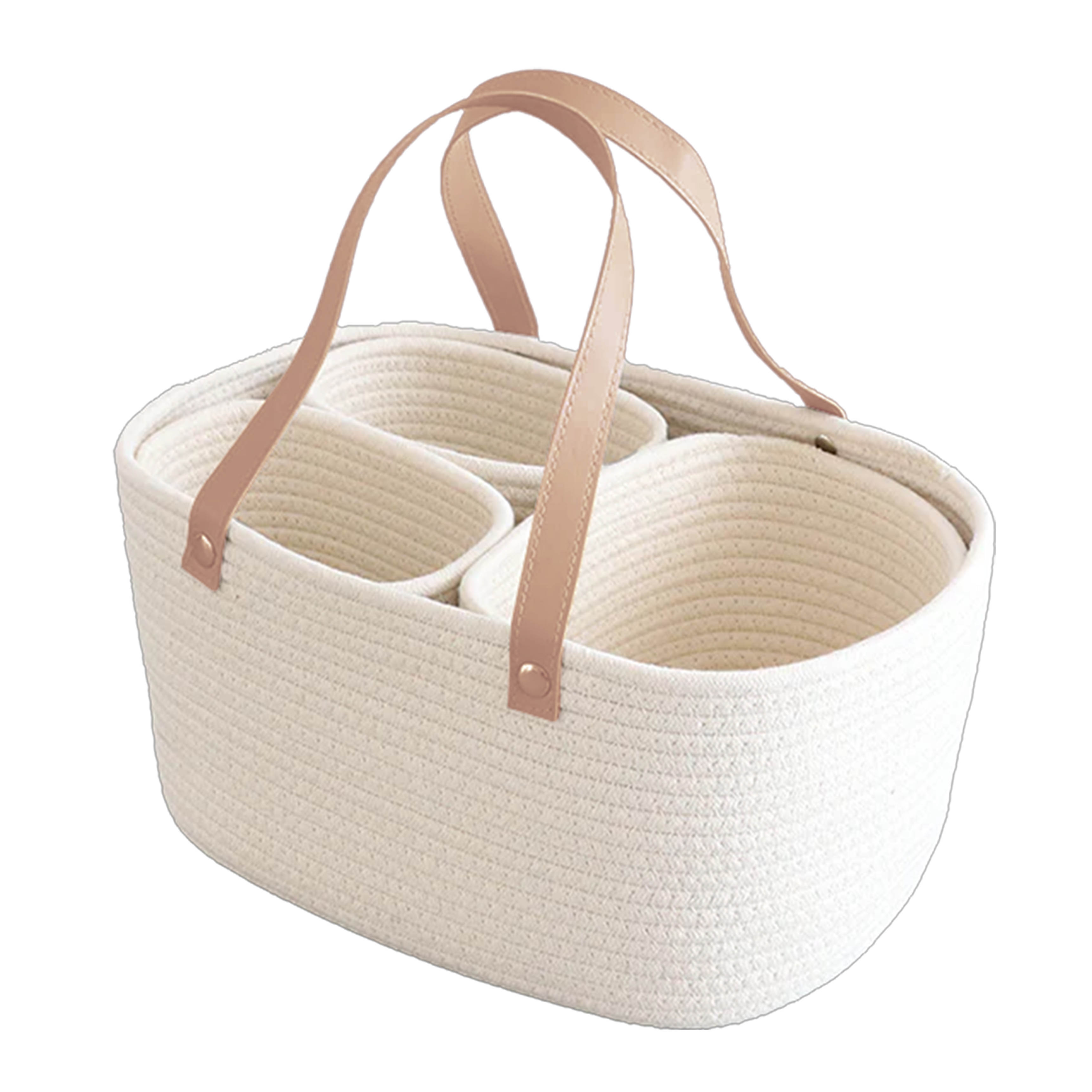 Olive Baby Co. Diaper Caddy - White with Dark Brown Leather Handle
