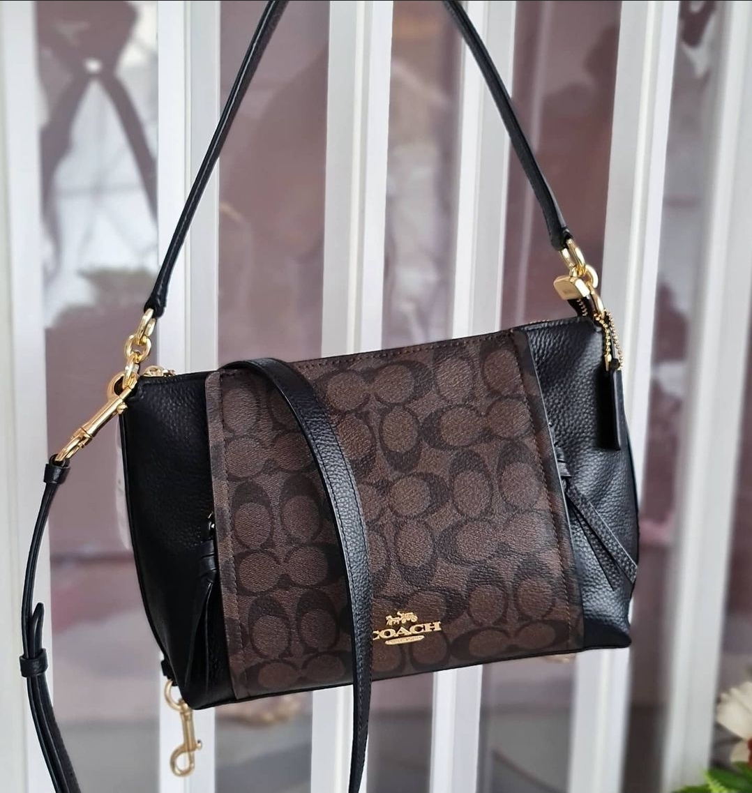 Coach 1600 Small Marlon Shoulder Bag in Brown Signature Coated Canvas and Black Refined Pebble