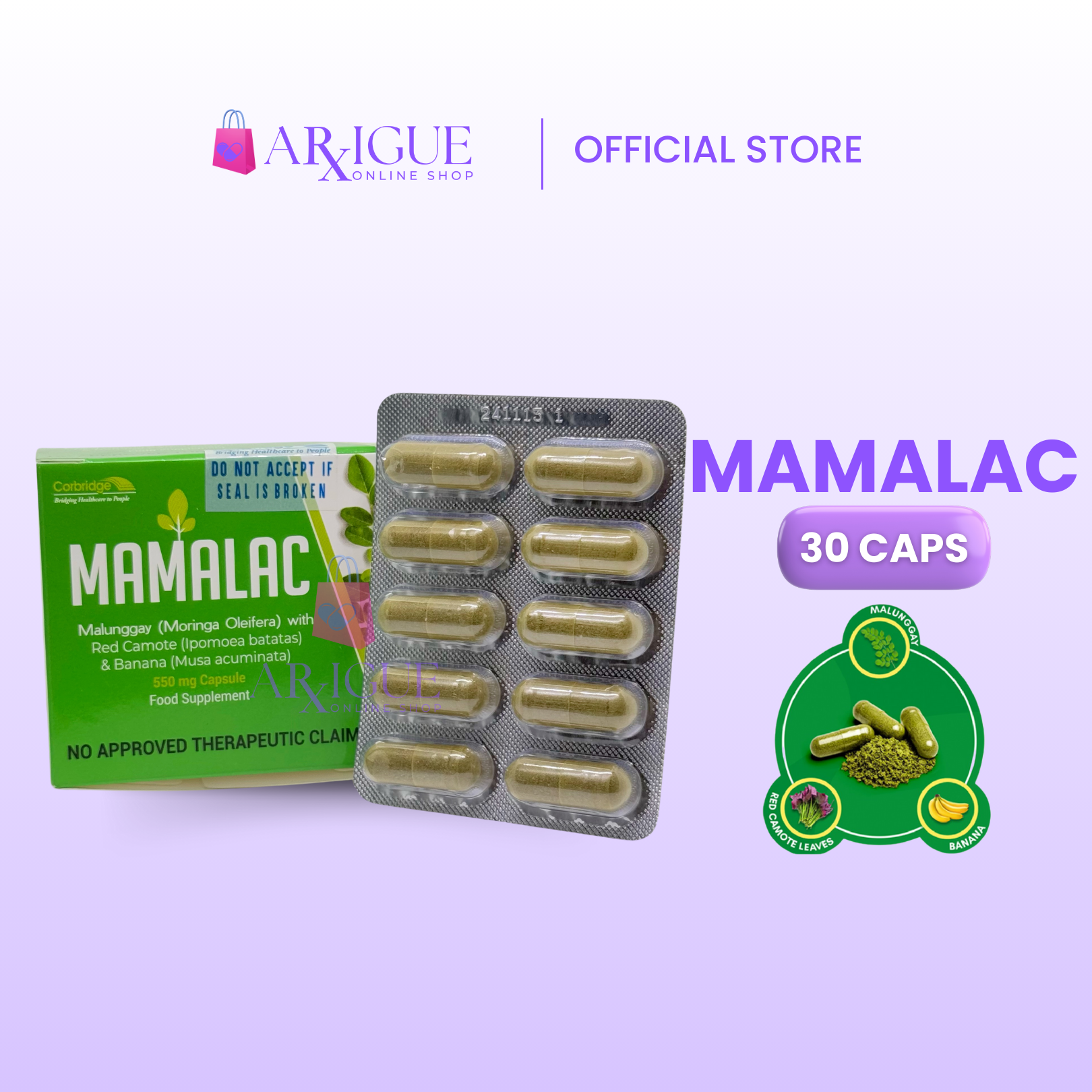 MAMALAC Food Supplement Malunggay with Red Camote & Banana - 30capsules