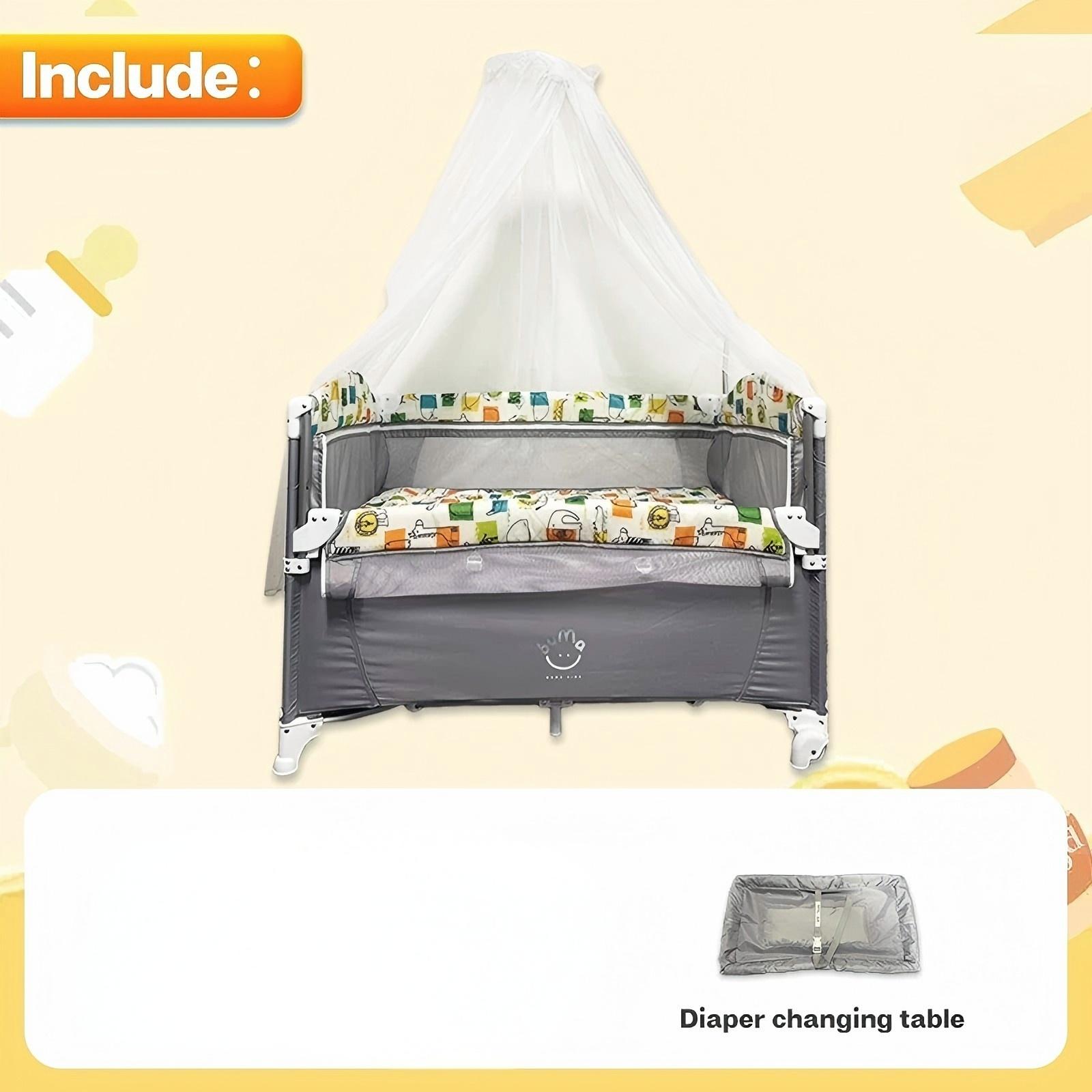 Foldable Baby Crib Co-Sleeper Adjustable Height 2 Layer Playpen Stable Rocking Changing Table with Mosquito Net Comfort for Newborn