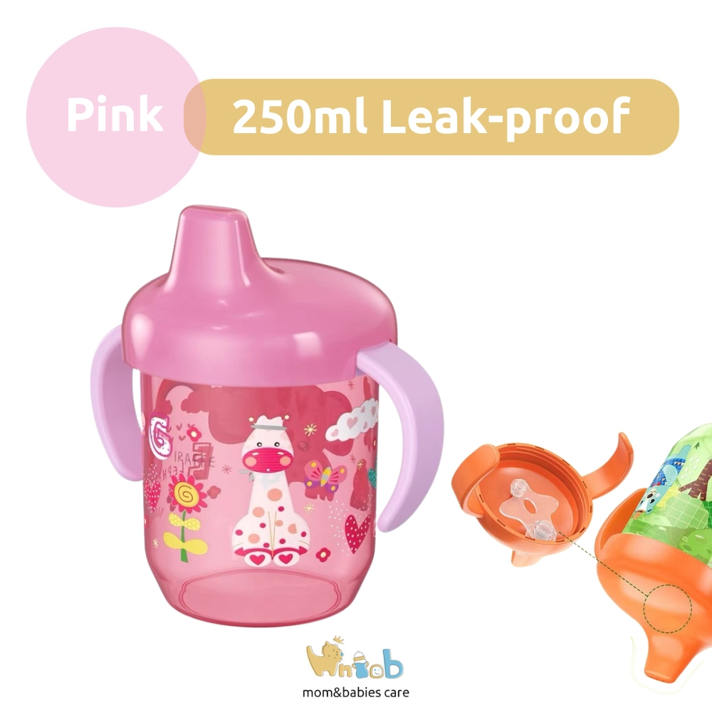 Hntob 250ml 6M+ Leak-Proof Plastic Sippy Learner Cup Baby Duckbill Learning Drink Water Bottle Toddler Portable Doodle Handle