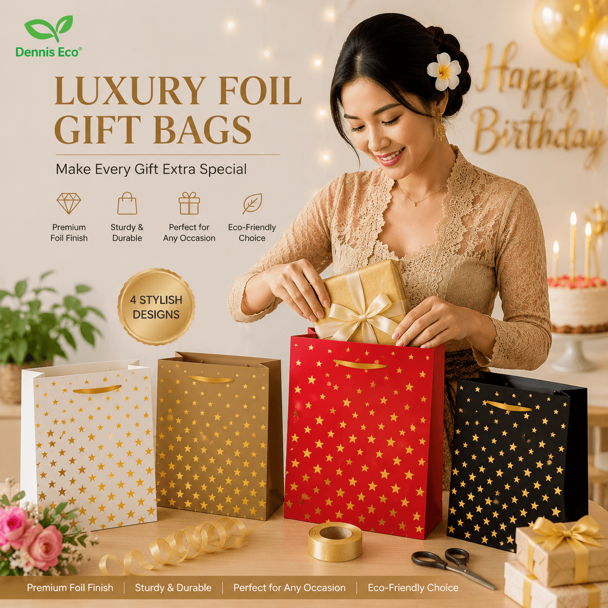 Luxury Birthday Paper Gift Bag with Foil Print Sturdy Rope Handle Gift Packaging Bag for Party Favor and Present Wrap
