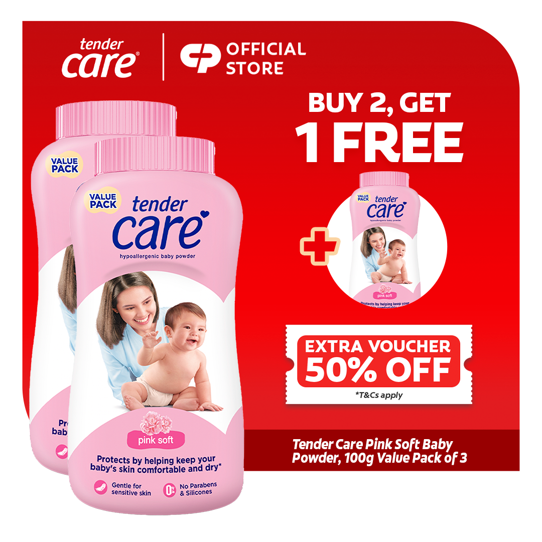 [BUY 2 FREE 1] Tender Care Pink Soft Baby Powder - Hypoallergenic & Dermatologically Tested 100g Value Pack of 3