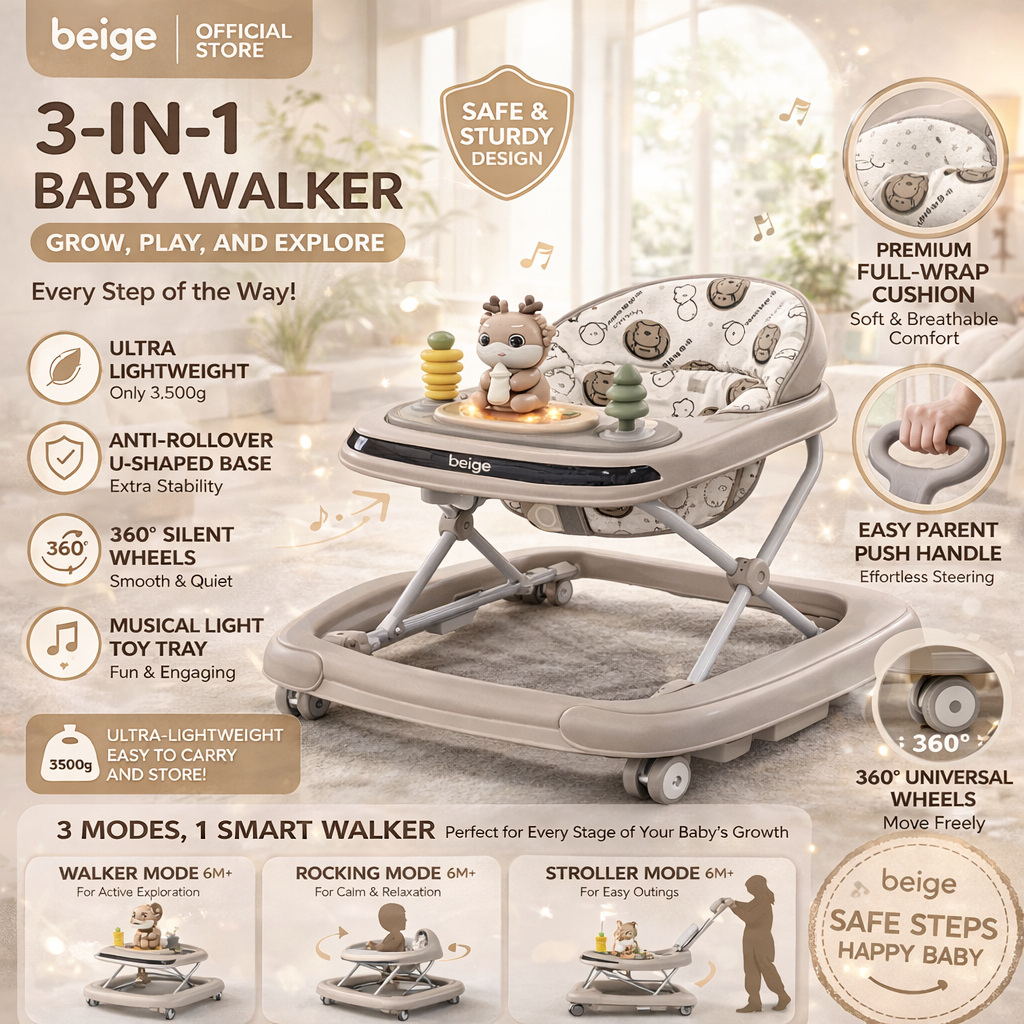 Beige Walker for Baby Girl Boy 3 in 1 Baby Walker Rocking Horse Push Walker Anti Rollover Indoor