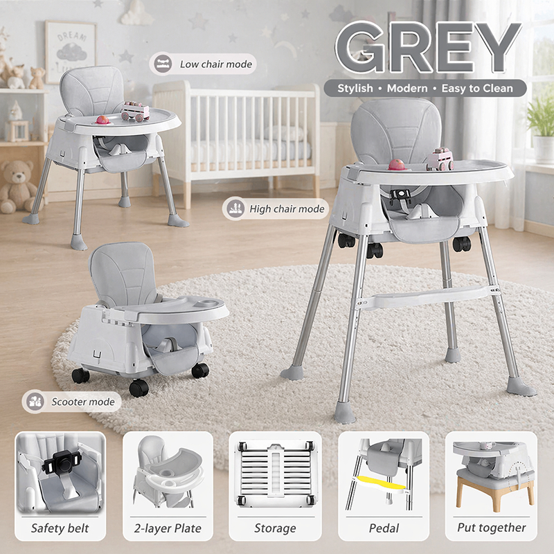 PlayPark High Chair for Baby Feeding Adjustable Height baby chair with Removable Legs Belt 4 Wheels