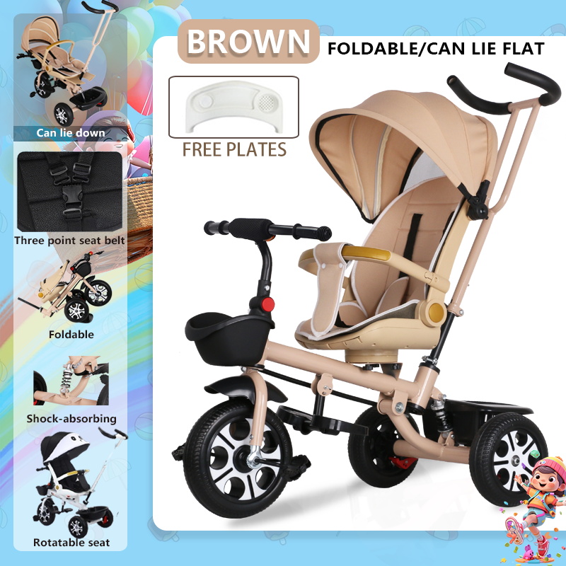 4 in 1 Kids Push Tricycle Baby Toddler Trike Bike 3 Wheel Ride On Toy Children Infant Stroller Parent Handle Rotatable seat