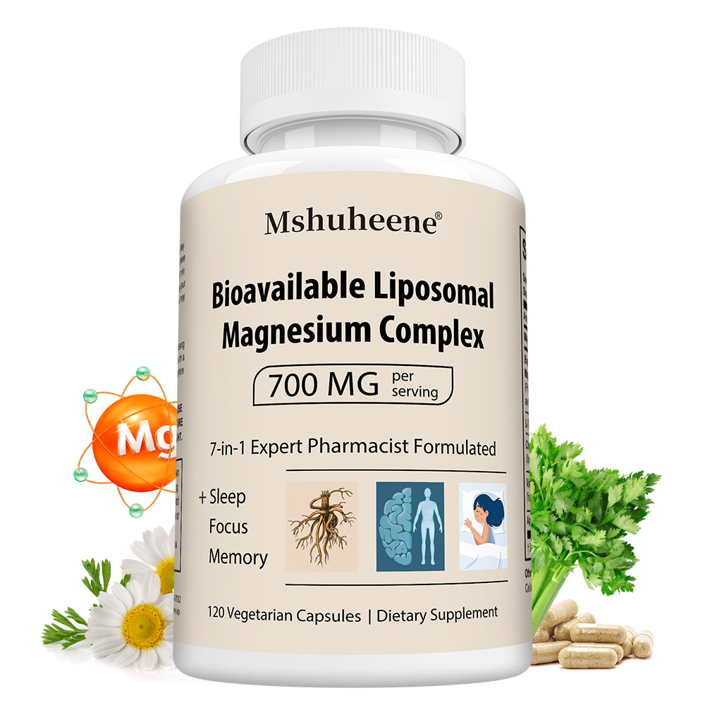 Mshuheene Liposome Magnesium Complex 700 มก. | 120 แคปซูลวีแกน | สูตร 7-in-1 พร้อมแอล-ธีอะนีน, คาโมมายล์ และวาเลเรียน | ช่วยส่งเสริมการนอนหลับ สมาธิ และความจำ | ดูดซึมได้ดี