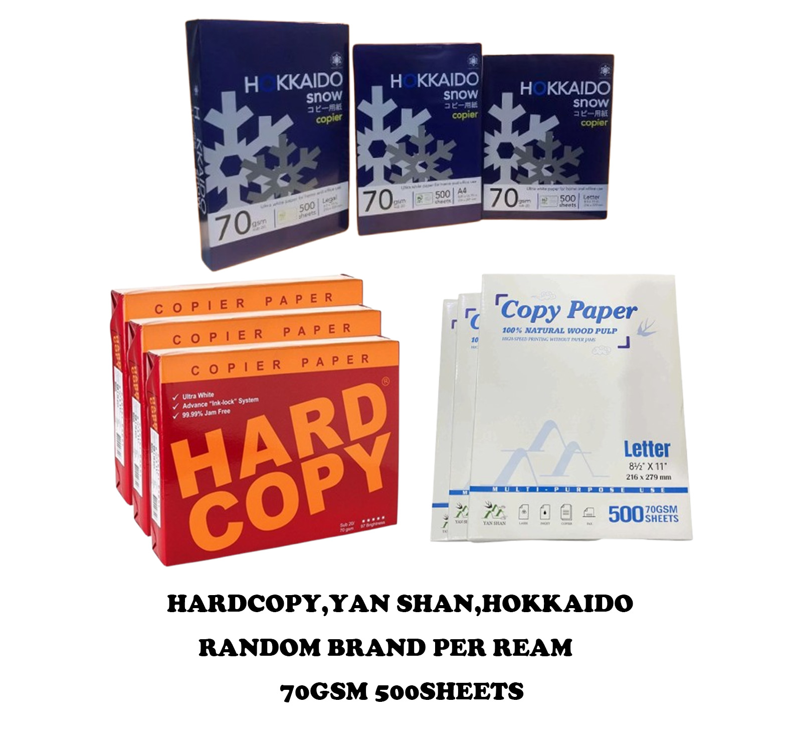 JIMS HARDCOPY/YAN SHANHOKKAIDO BONDPAPER RANDOM BRAND LEGAL/A4/LETTER PER REAM ( SOLD BY 1 REAM )