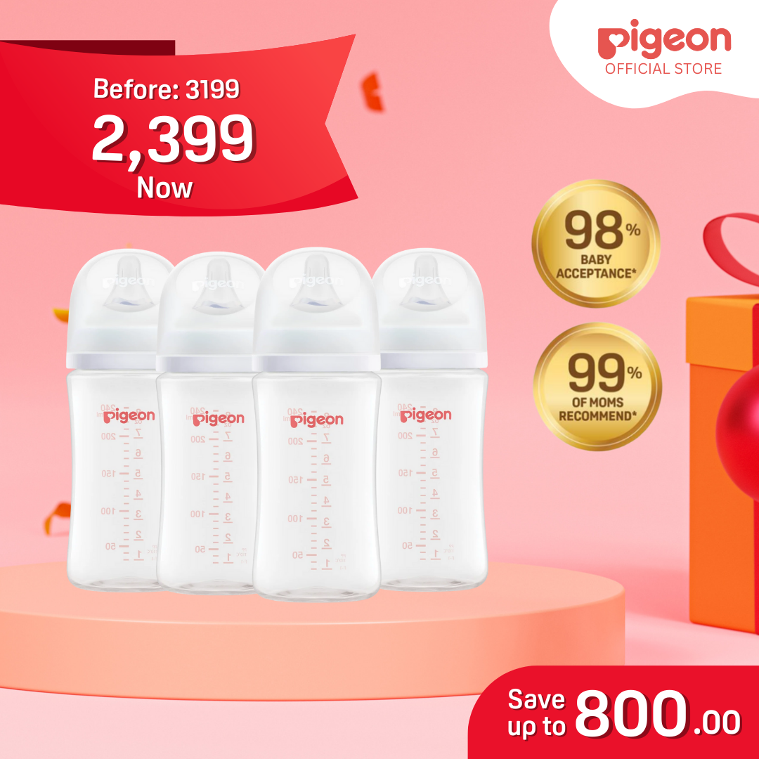 Pigeon Special Bottle Pack - Wide Neck PP Bottle 240ml 3+ Months Pack of 4 for Babies Anti Colic No Nipple Confusion AVS System Latch On Line BPA Free Ultra Soft Flexible Nipples Japan No. 1 Brand