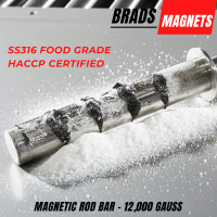 N52 Magnet Rod Bar Magnetic Metal Separator Bar 25mm Diameter (100 / 150 / 200 / 250/ 300 L) Food Grade SS316 Housing M8 Thread 12000 Gauss Strength HACCP Certified Super Strong Magnet for Food and Non-Food Applications Rice Corn Charcoal Destoner Magnet