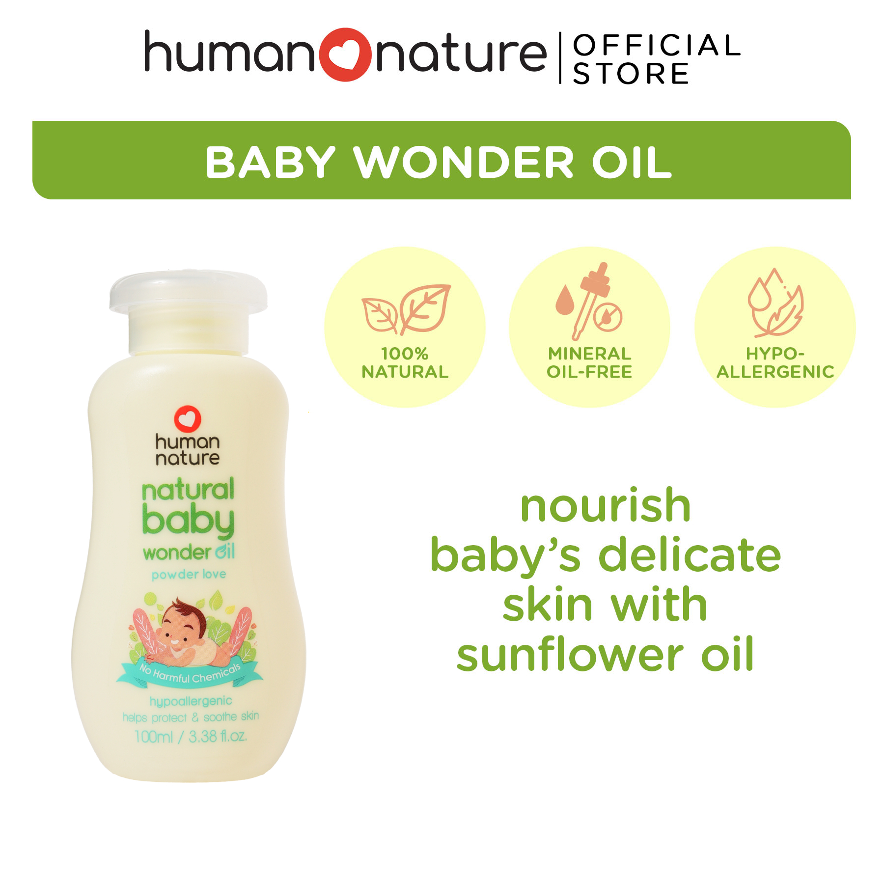 Human Nature 100% Natural Baby Wonder Oil 100ml | Hypoallergenic Mild and Gentle Baby Oil with Premium Sunflower Oil (No Harmful Chemicals)