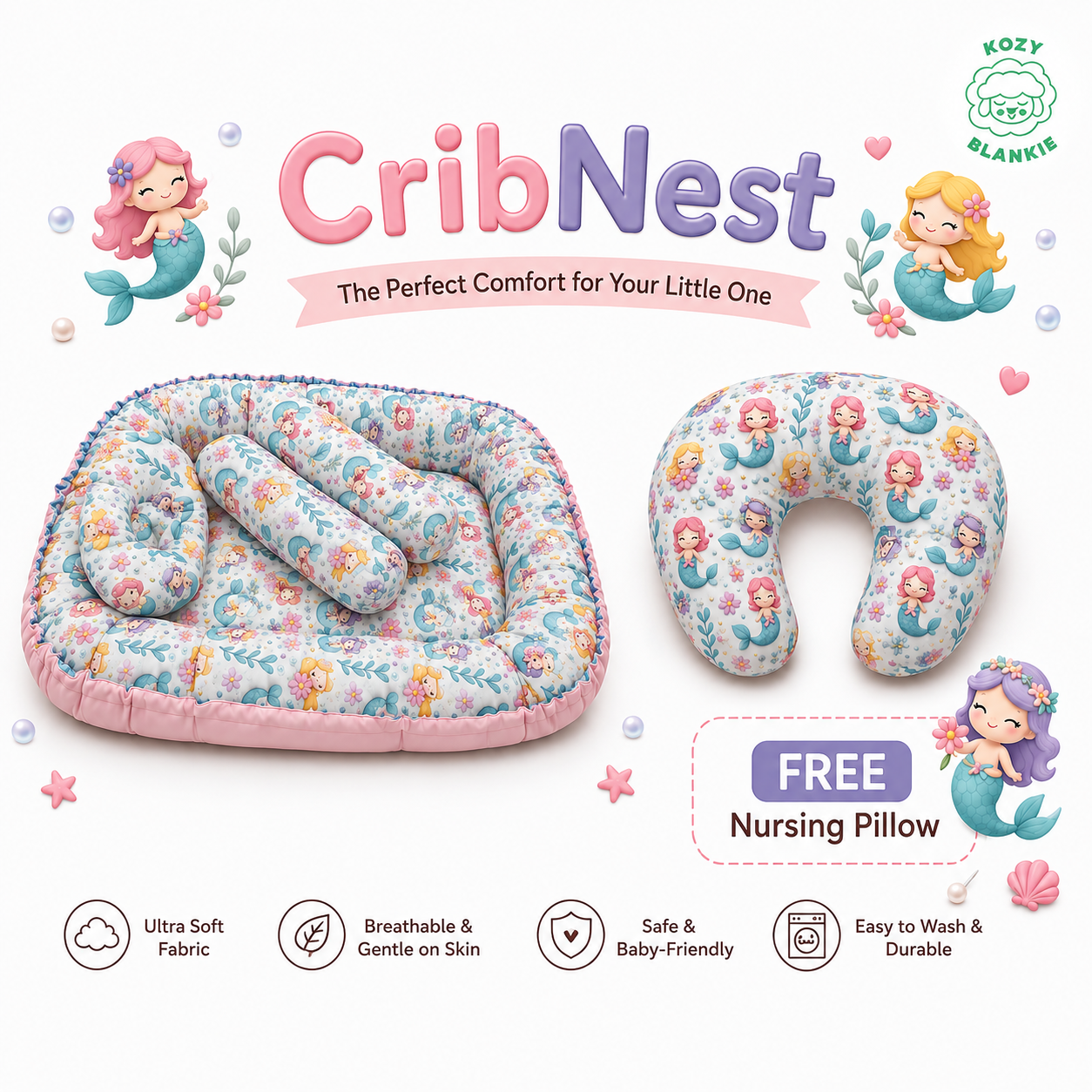 Kozy Blankie Baby Bed Crib Nest & Free Nursing pillow