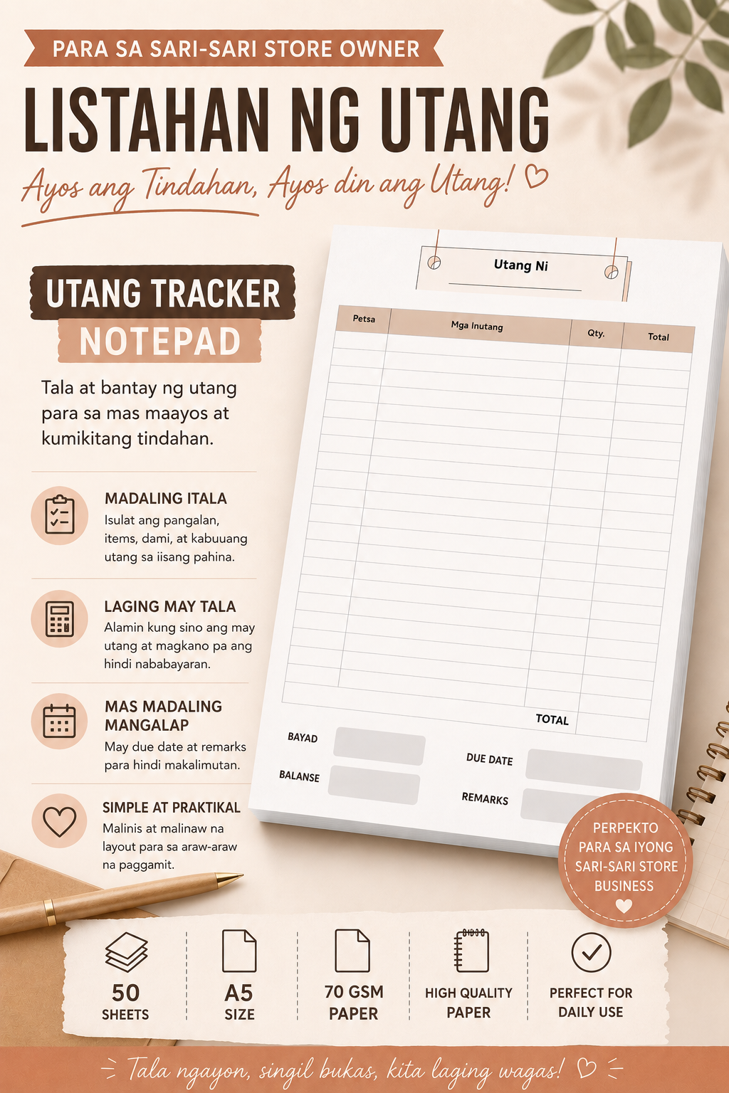 NOTEPAD Listahan ng Utang Tracker Notepad for Store Owners - 50 Sheets A5 Size