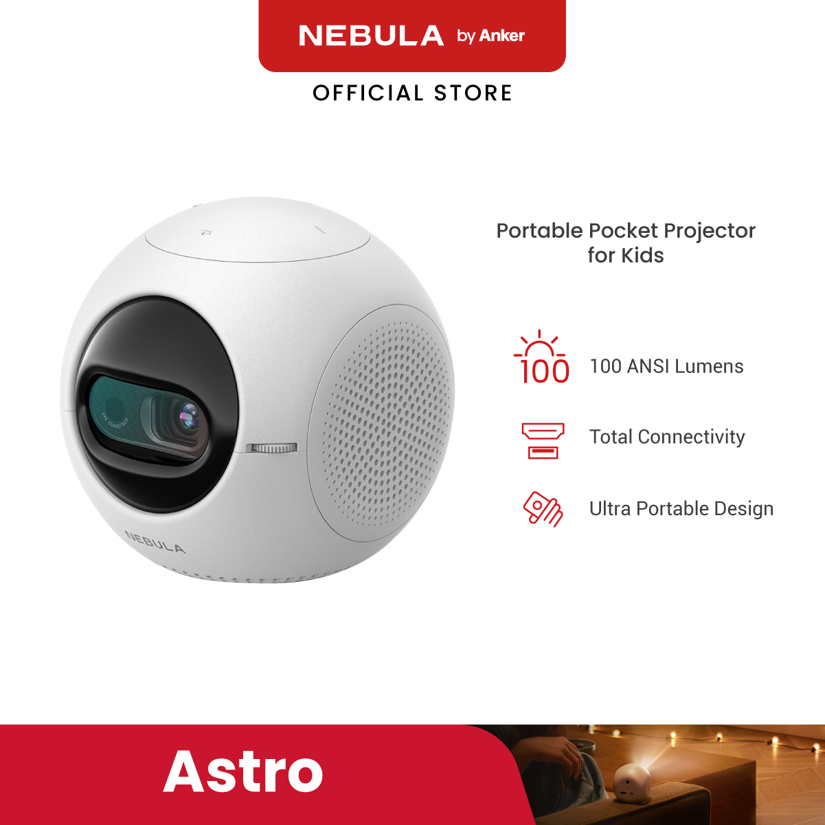 Nebula Astro Mini Portable Projector Kids Pocket Cinema Mini Projector Parental Controls Customizable UI Android 7.1 2.5-Hour Battery Life Eye Guard Tech Portable Design Pocket Projector