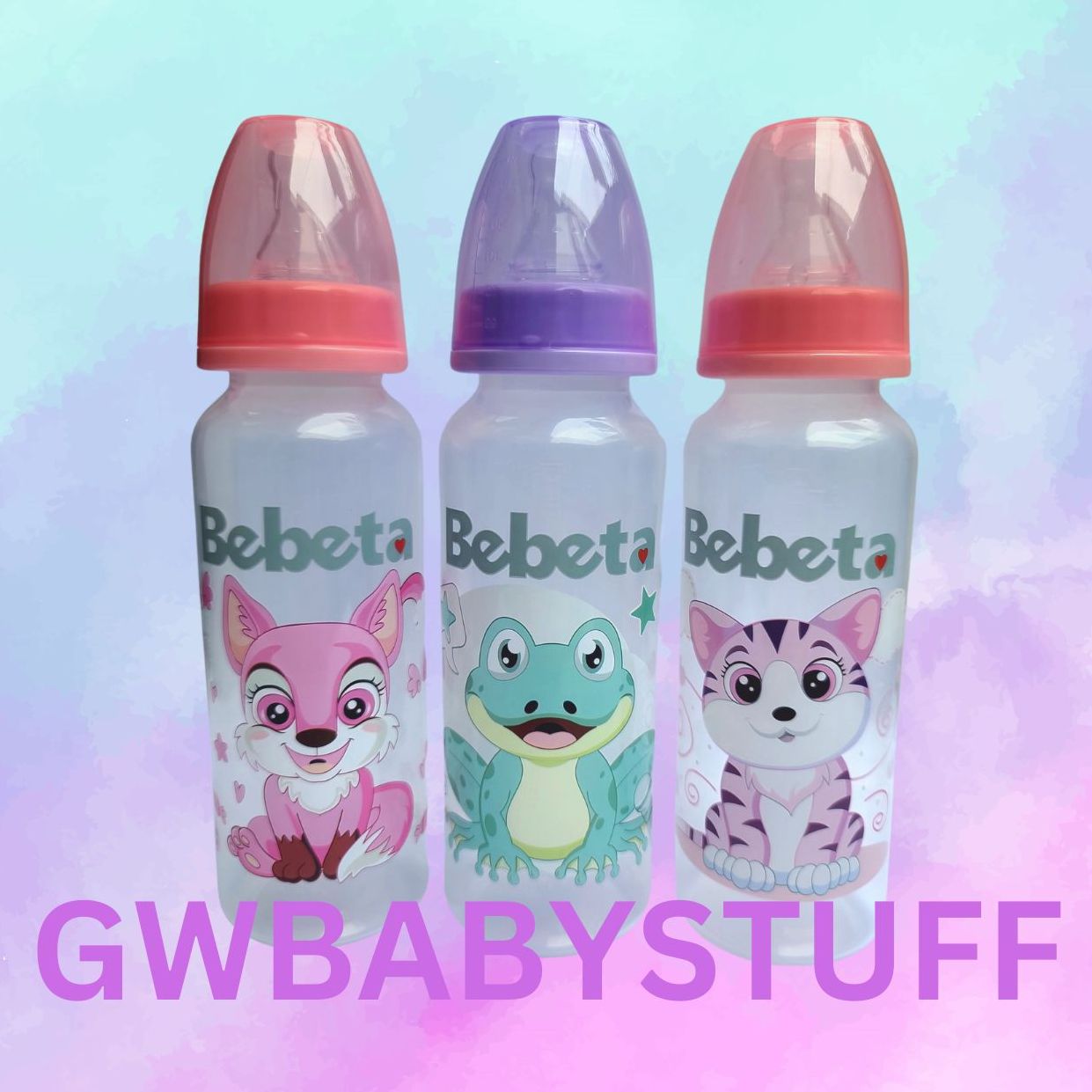 Bebeta Feeding Bottle 8oz Regular Neck w/Scale Hood & Animal Print 3pcs per pack
