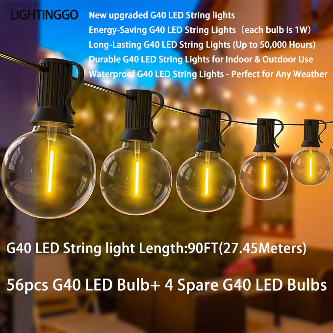 LIGHTINGGO 51.2FT/27FT String Lights G40 Bulb Patio Outdoor Waterproof Fairy String Lights Party Holiday Wedding Decoration Backyard Garland Lights