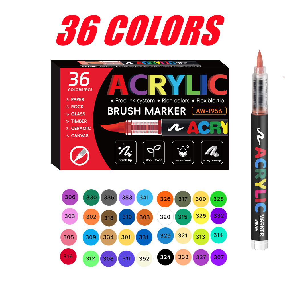 12/24/36 Colors Acrylic Paint Markers Pens Set with Brush Tip for Rock Painting Fabric Plastic Wood Canvas Stone Glass Paper DIY Craft Supplies