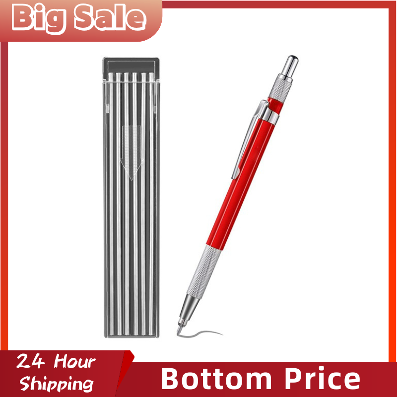 Welders Pencil with 12PCS Silver Streak Refills Metal Marker Mechanical Welding Pencil Pipefitters Fabrication Red