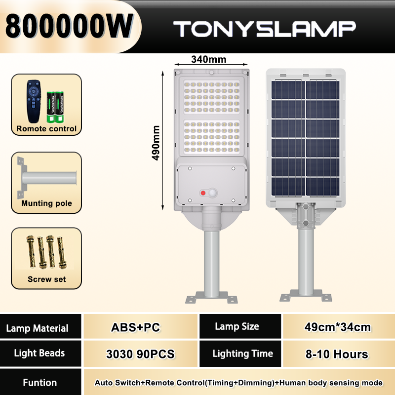 Tonys Solar Street Light 2000000W LED Super Bright Lighting Outdoor Waterproof IP67 Heavy Duty Lamp Portable Warranty 30 Years