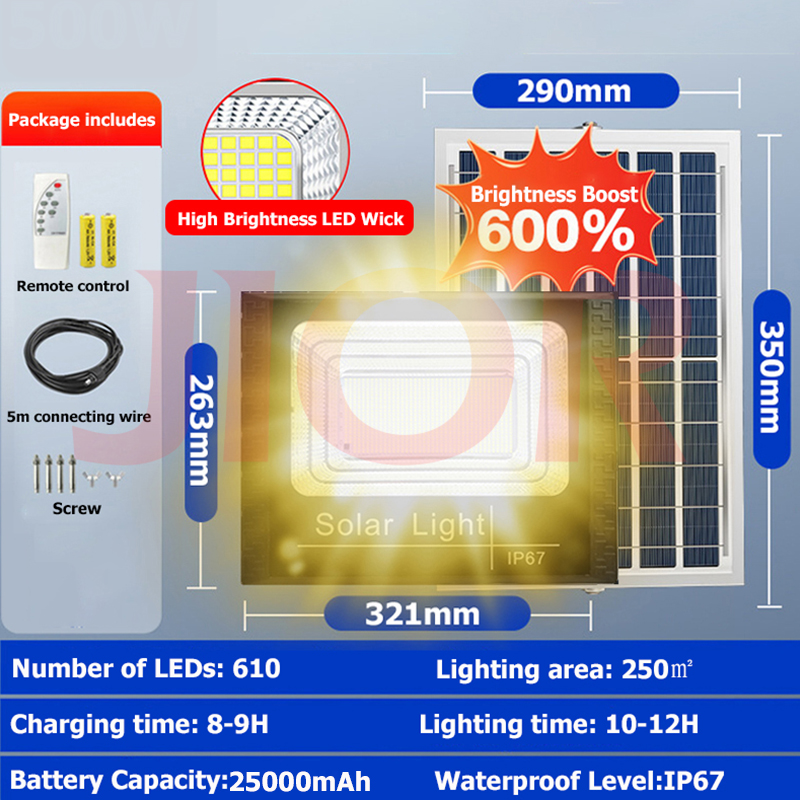 LED Solar Light Outdoor Waterproof 50000W Warm White Flood Lights High Brightness Spotlight with Remote Control Suitable for Yard Garage Streets