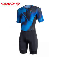 Santic Mens Triathlon Suit Quick Dry Cycling Skinsuit Breathable Short Sleeve Tri Suit with Padded Reflective Pockets for Swim Bike Run KM26C03030