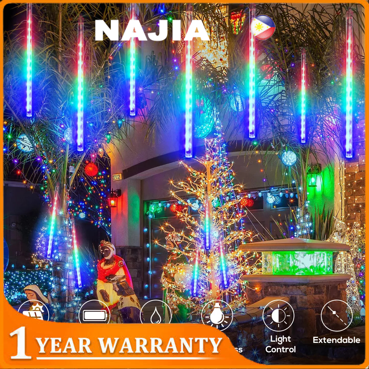 NAJIA LED Solar 8 Tubes Meteor Shower Lights Waterproof for Outdoor Garden Home Curtains Christmas Party Decoration