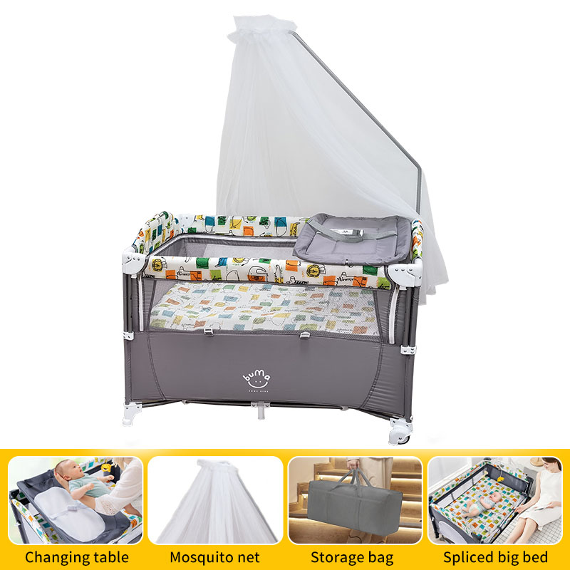 Baby Crib 2 Layer with Mosquito Net And Diaper Changing Table Multifunctional Portable Crib Lightweight Folding Game Bed Liftable Co-Sleep Mode Baby Cradle Toddler Crib for Baby
