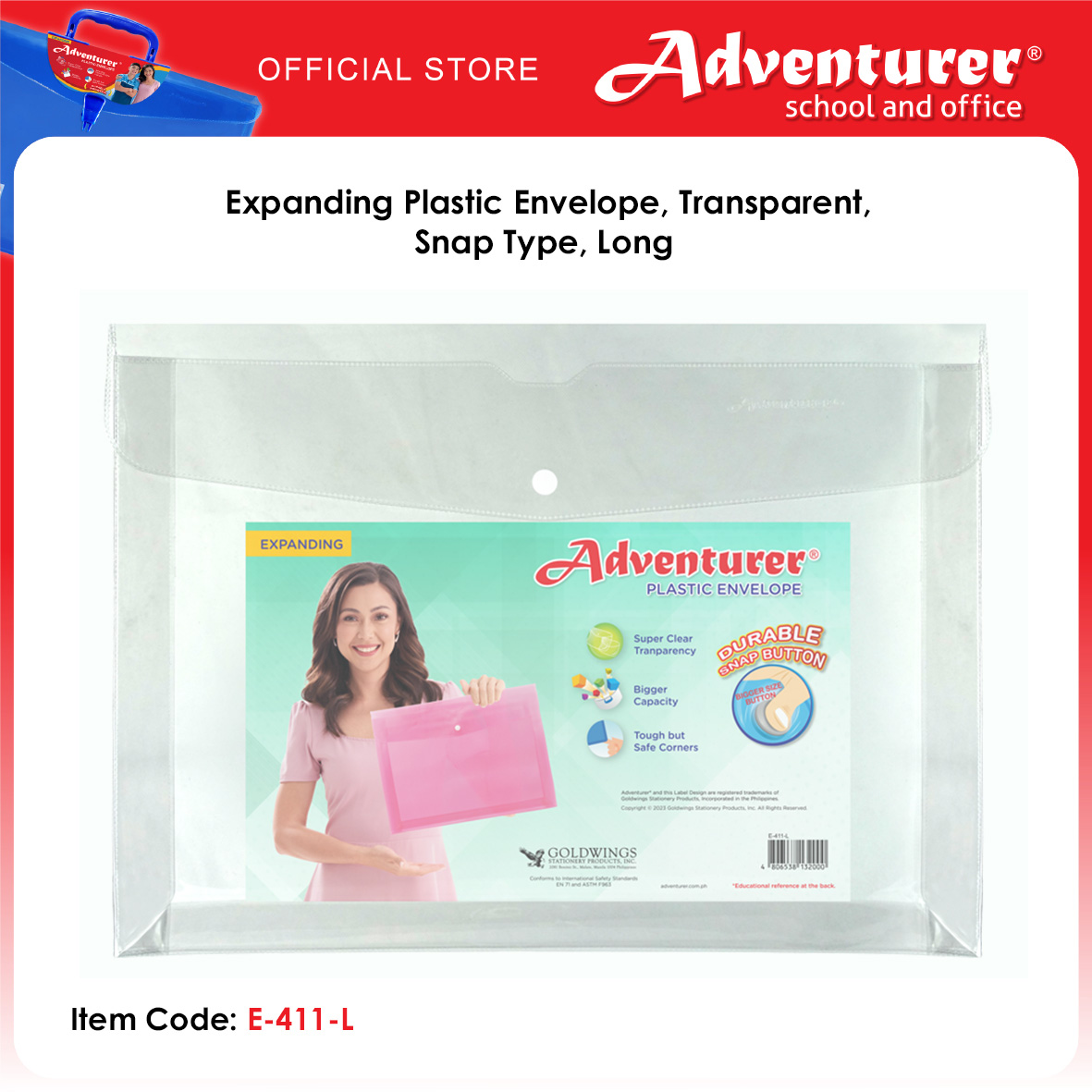 Adventurer Expanding Plastic Envelope Transparent Snap Type Long