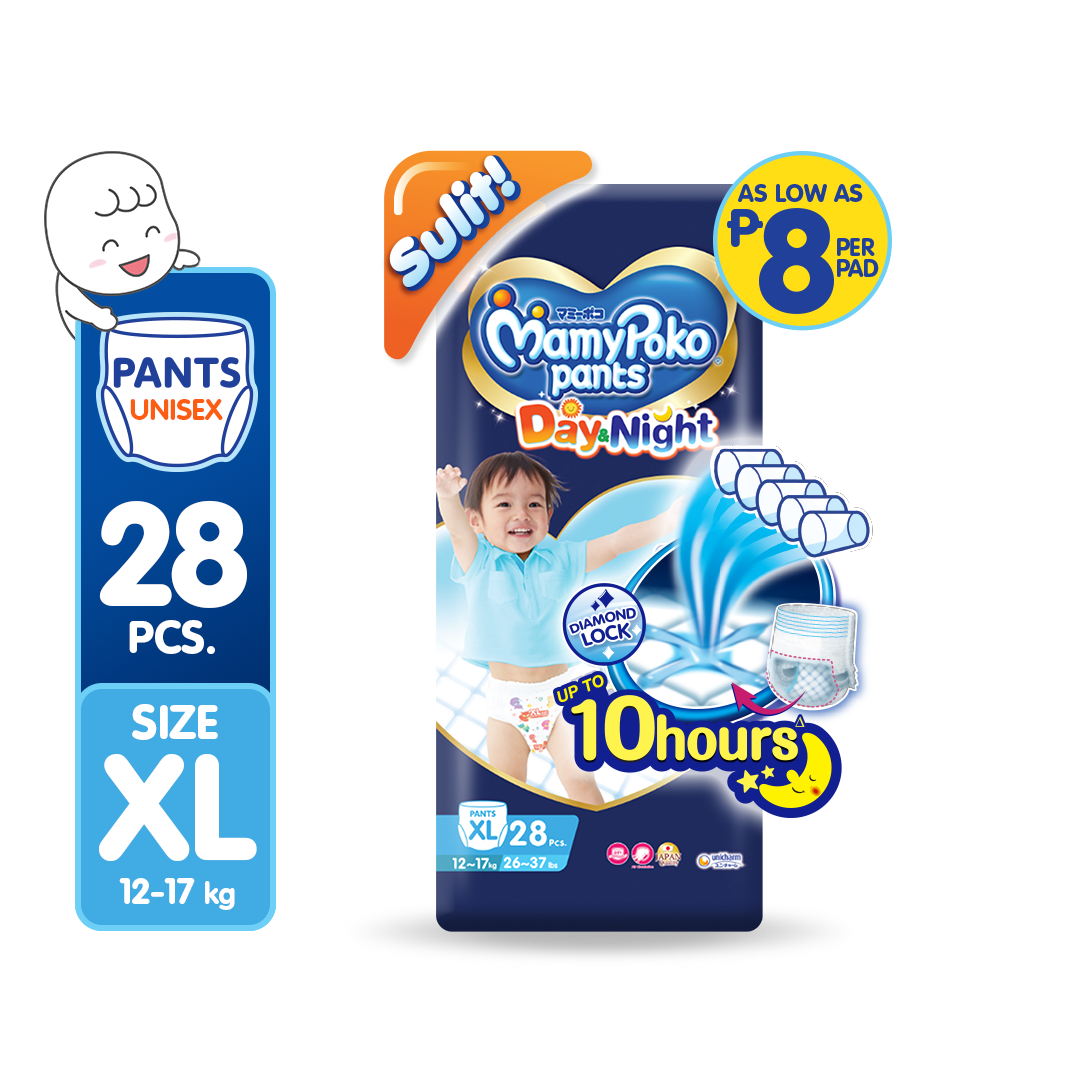MAMYPOKO Day and Night Baby Disposable Diaper Pants Unisex XL 28 pcs