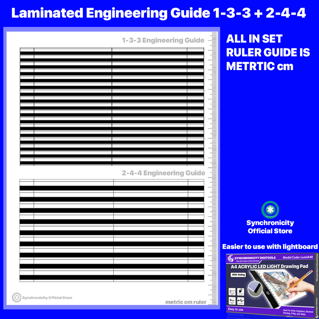 Medes Set - Synchronicity Digitools LED Light Pad LUMIA4R - A4 LED Lightboard with Ruling + Special Guidelines Set - Drafting Engineering Architectural Plates - For Higher Quality Plates Output