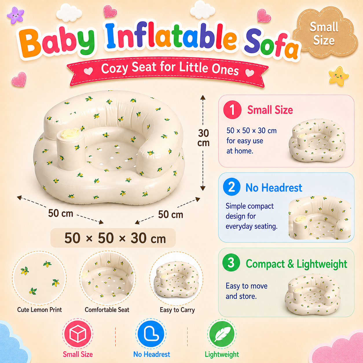 PlayPark Portable Inflatable Baby Chair with Air Pump Baby Sofa Seat Training Feeding Seat Thickened PVC Easy Clean Foldable for 4-36 Months