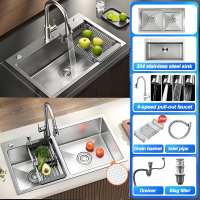 【 Free Deluxe five-piece suit】304 Black Sink Stainless for Kitchen double/Single slot Suitable for large kitchens Vegetable sink integrated basin vegetable Sterilization/dirt-free Thickness kitchen sink with faucet set lababo stainless complete set