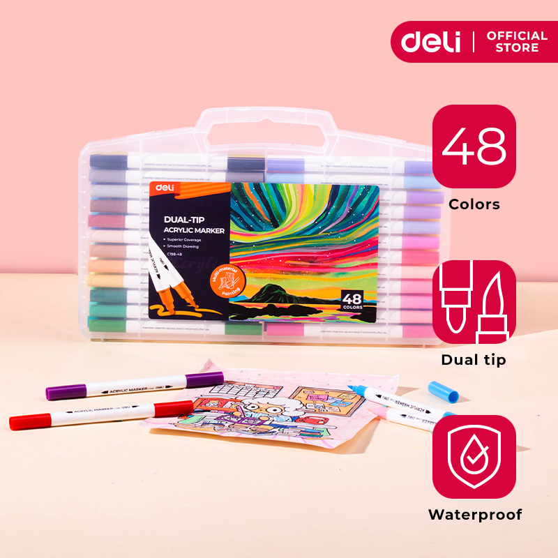 Deli C198-48 Dual Tip Acrylic Marker with Case Organizer 48 Colors